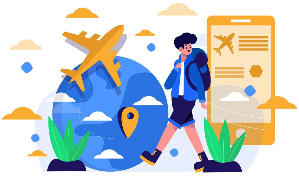 Travelling ilustration of a traveler, phone and Earth